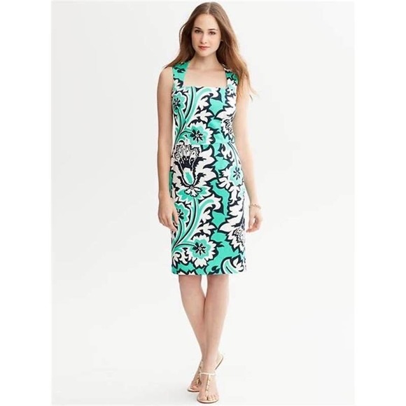 Banana Republic Milly Square Neckline Eden Rock Tropical Sheath Dress Size 2 - Picture 1 of 13
